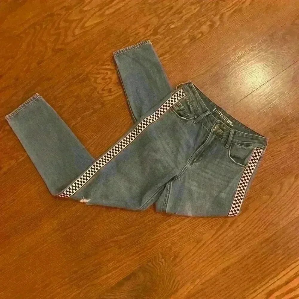 Empyre Eileen Checkered Striped Medium Wash Mom Jeans Size 0 Zumiez Distressed - Picture 5 of 15